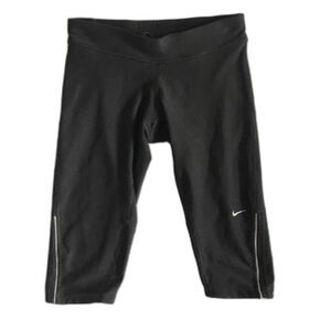 Nike DRI-FIT Black Athletic Knee Crop Length Leggings Shorts Run Zip Pkt Size XS